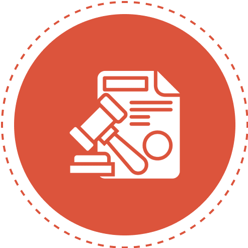 Gavel and document on red circular background.