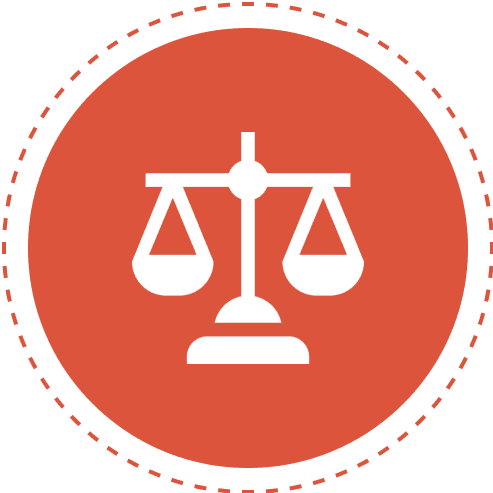 Scales of justice icon on red background.