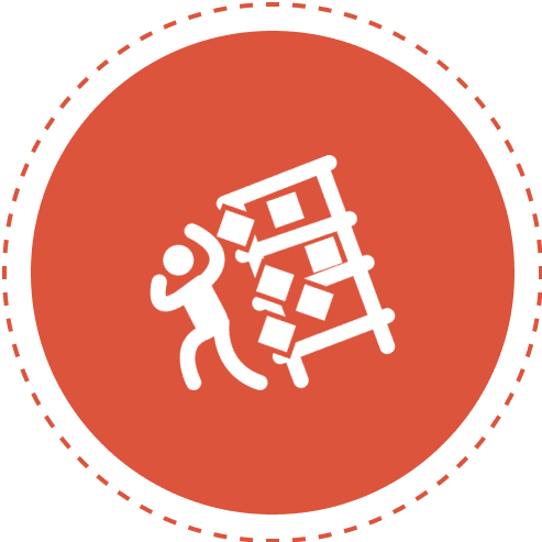 Person dodging falling bookshelf icon.