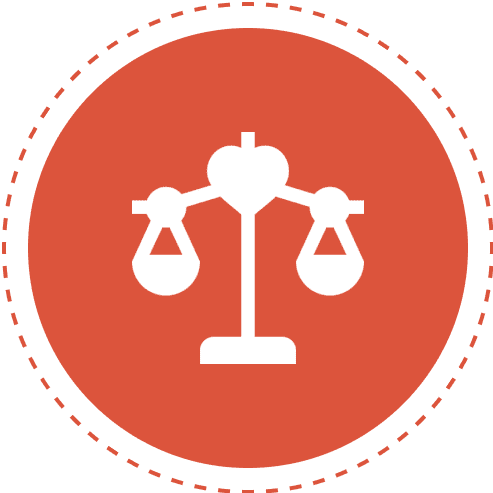 White justice scales icon on red circle